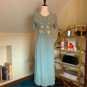 Vintage sage green dress with built in embroidered vest